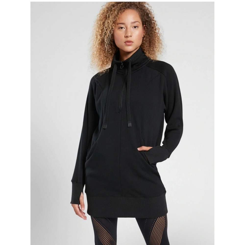 Athleta Cozy Karma 1/4 Zip Dress Black Funnel Neck Sweatshirt Dress XS